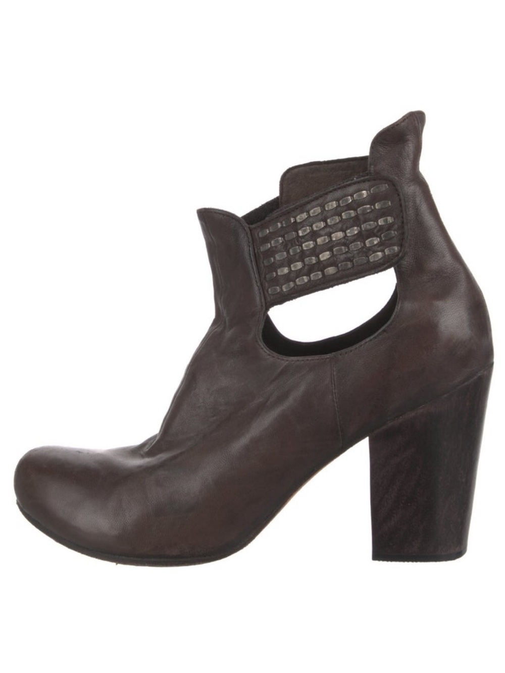 Cutout Brown Leather Block-Heel Ankle Boots with Studded Strap